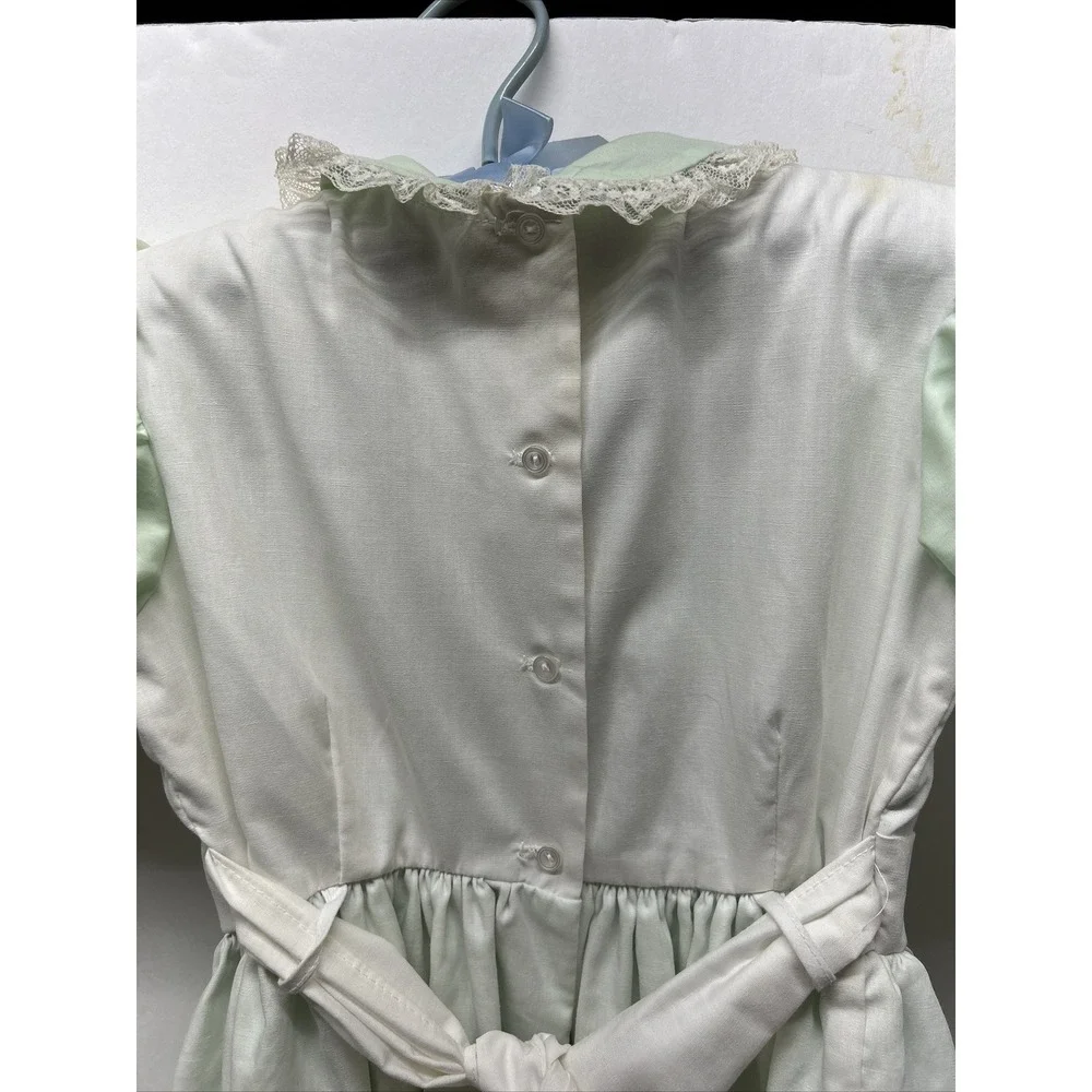 Vintage Little Girls Dress Lace Trimmed‎ Green & White Puff Sleeve Cari Classic
